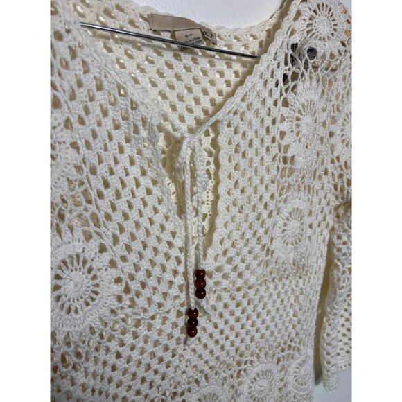 XXI Blouse Crochet Knit Tunic Top Size Small Ivory Cream Boho Western y2k Floral - Picture 4 of 5